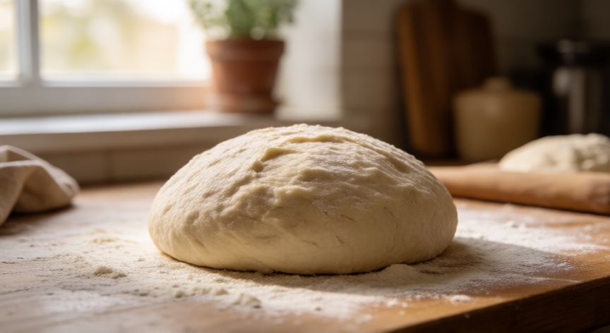 como hacer pan zapatilla, Masa de pan fresco amasada sobre encimera de madera lista para fermentar