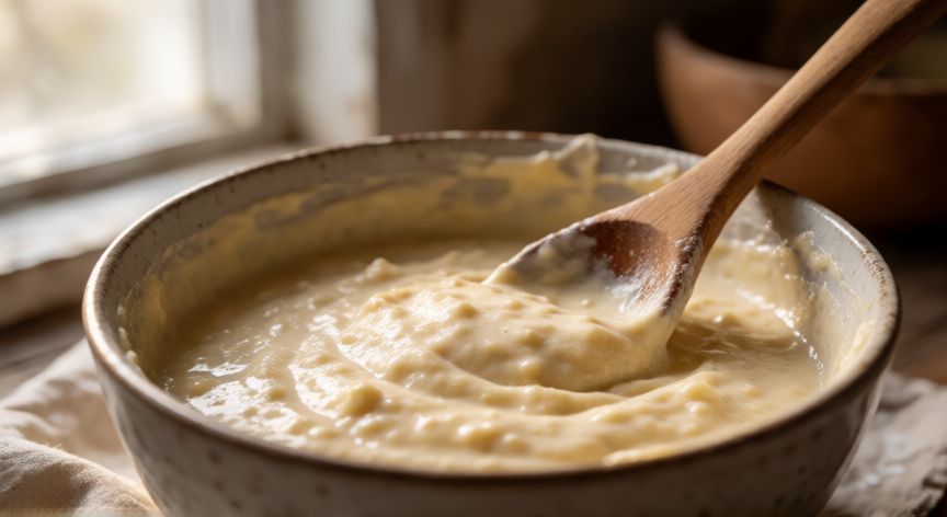 como hacer pancakes, Masa de pancakes recién batida en un bol con textura esponjosa y grumos visibles