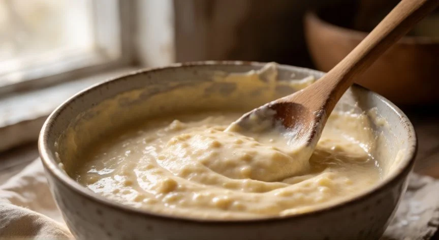 Masa de pancakes recién batida en un bol con textura esponjosa y grumos visibles