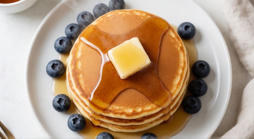 como hacer pancakes, Pila de pancakes dorados y esponjosos con mantequilla derretida y sirope de arce