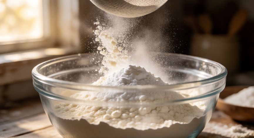 como hacer panqueque, Ingredientes secos tamizándose en un bol de cristal para panqueques