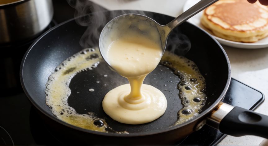 como hacer panqueque, Rebanada de mantequilla derritiéndose en sartén antes de verter la masa