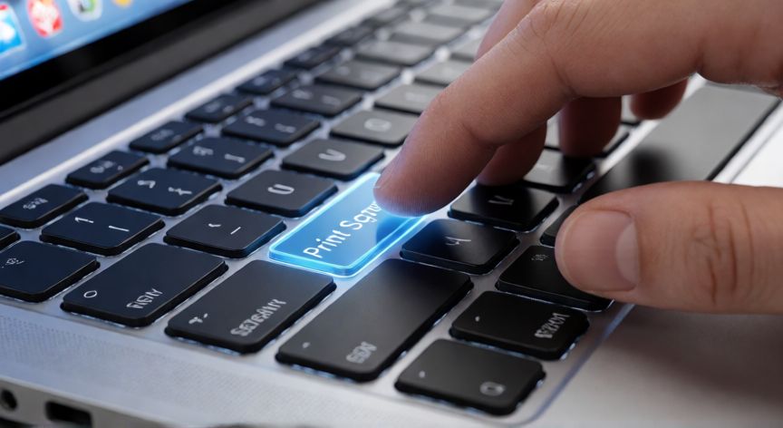 como hacer pantallazo en ordenador, Teclado de portátil con la tecla Print Screen destacada para capturas