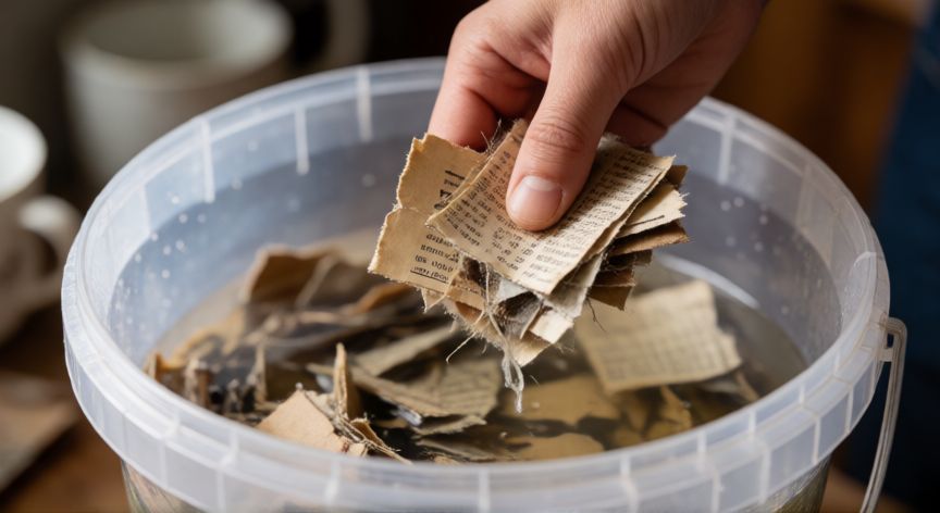 Proceso de remojo y descomposición de papel viejo en agua para crear pulpa reciclada