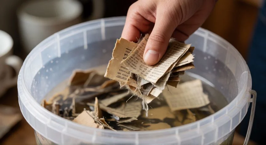 Proceso de remojo y descomposición de papel viejo en agua para crear pulpa reciclada