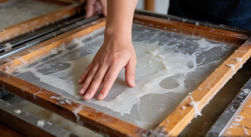como hacer papel nuevo con papel reciclado, Vaciado de pulpa de papel sobre una malla metálica para formar la primera capa de hoja