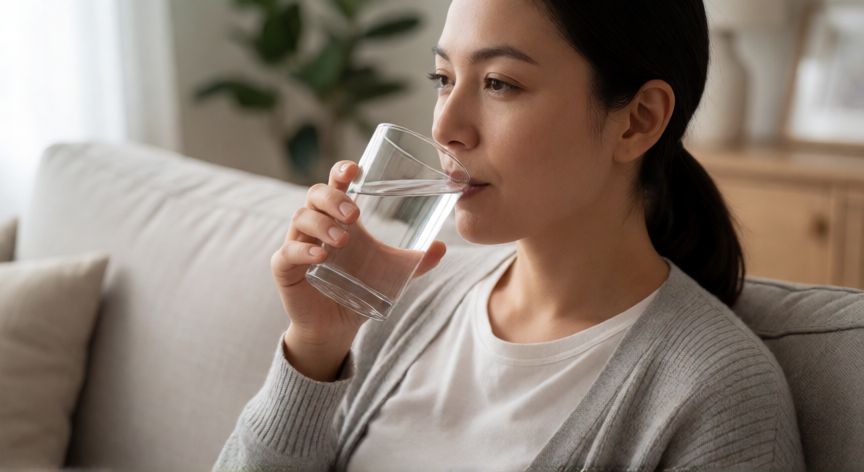 como hacer para no orinar a cada rato, Mujer bebiendo agua en casa para regular su hidratación