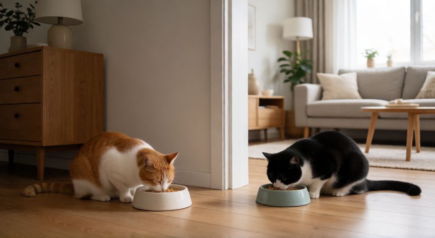 como hacer para que cada gato coma su comida, Gatos comiendo en comederos separados en habitaciones distintas