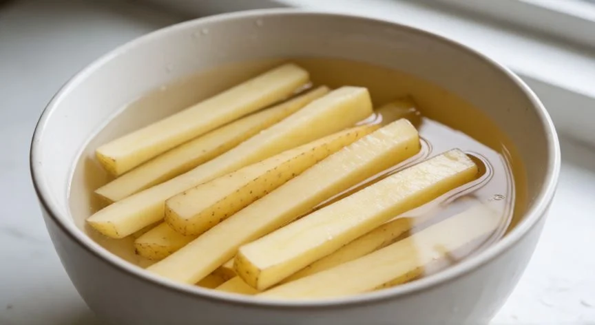 Patatas crudas remojando en agua fría para eliminar almidón antes de cocinar