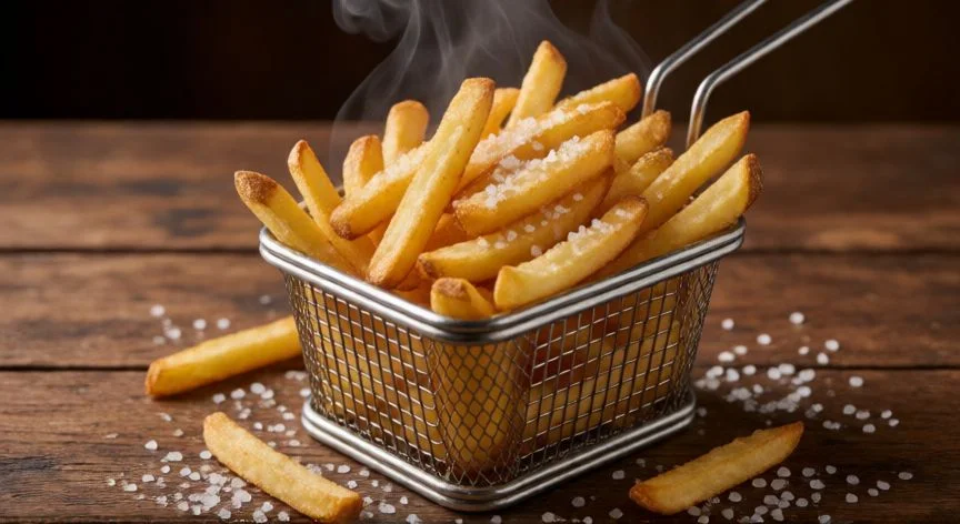 como hacer patatas fritas en freidora de aire, Patatas fritas doradas y crujientes recién salidas de la freidora de aire con sal gruesa