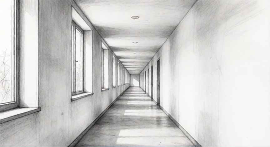 Dibujo a lápiz de un pasillo en perspectiva con un solo punto de fuga central