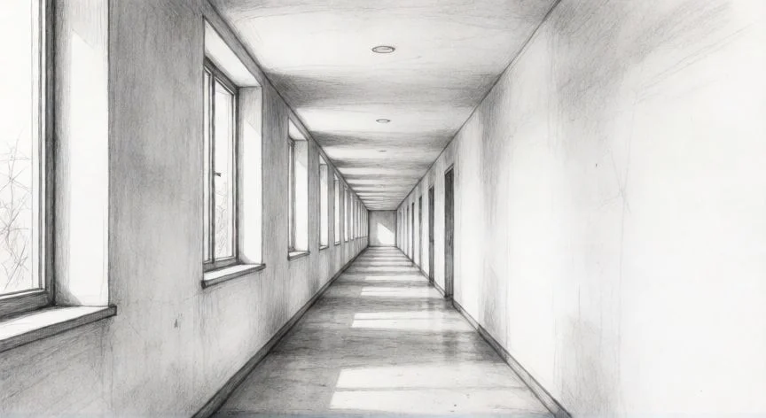 Dibujo a lápiz de un pasillo en perspectiva con un solo punto de fuga central