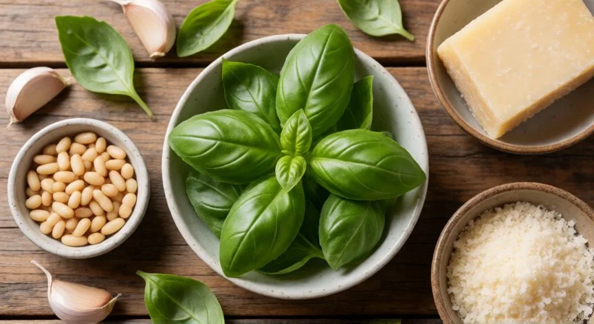 Ingredientes frescos para preparar pesto genovés sobre mesa de madera
