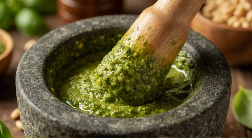 como hacer pesto, Proceso tradicional de machacar albahaca en mortero para hacer pesto