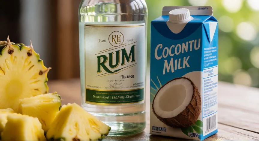 Ingredientes esenciales para preparar piña colada: ron claro, leche de coco y piña fresca
