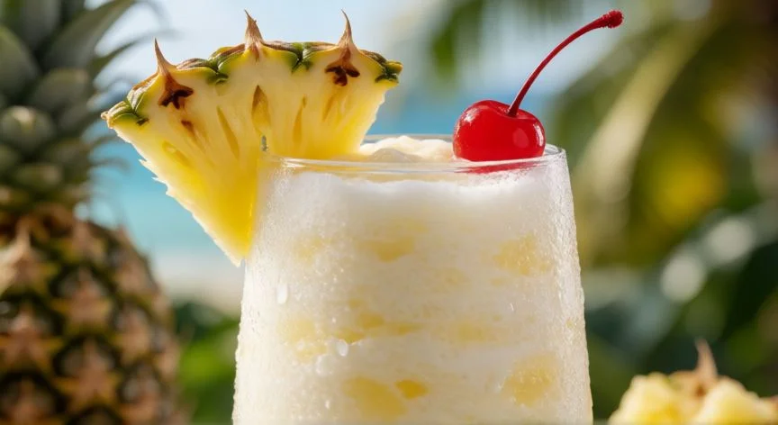 como hacer piña colada, Vaso de piña colada terminado con decoración de piña fresca y cereza