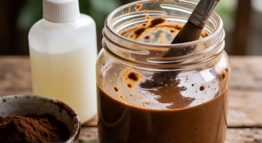 Mezcla de café soluble y pegamento Resistol en un bote de vidrio con pincel