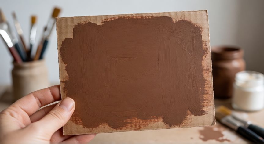 como hacer pintura con café y resistol, Muestra de acabado mate en cartón utilizando pintura casera de café y Resistol