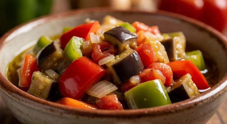 cómo hacer pisto, Pisto manchego recién hecho en un cuenco de cerámica con verduras troceadas