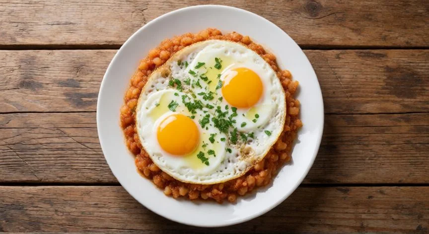 cómo hacer pisto, Plato de huevos fritos sobre pisto servido en mesa de madera rústica