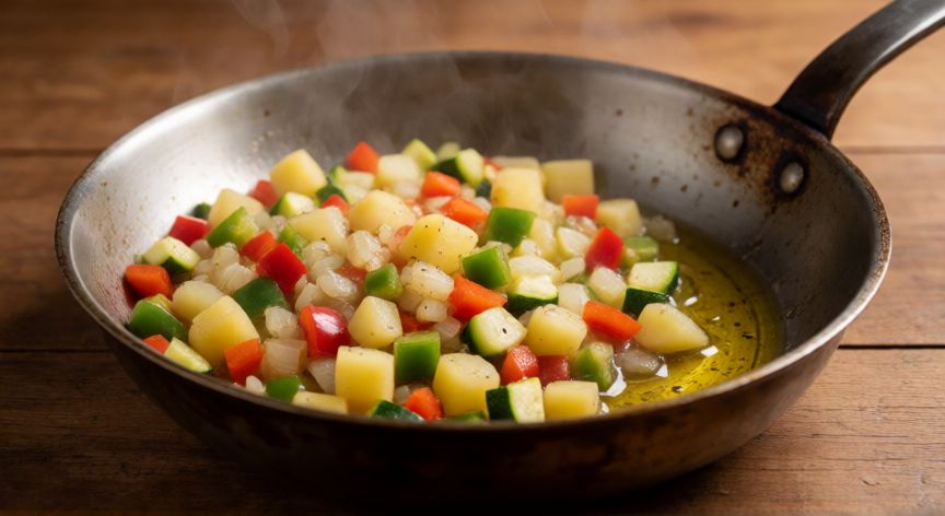Pisto casero en proceso de cocción con verduras troceadas en sartén