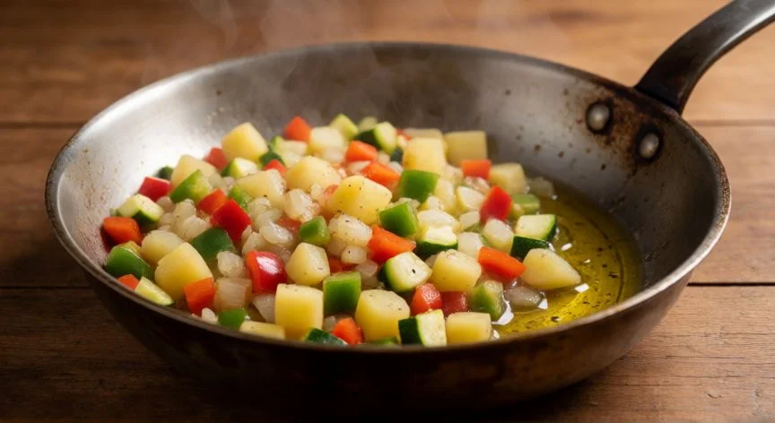 Pisto casero en proceso de cocción con verduras troceadas en sartén