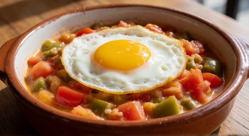 como hacer pisto casero, Plato de pisto casero con huevo frito y pan rústico al lado