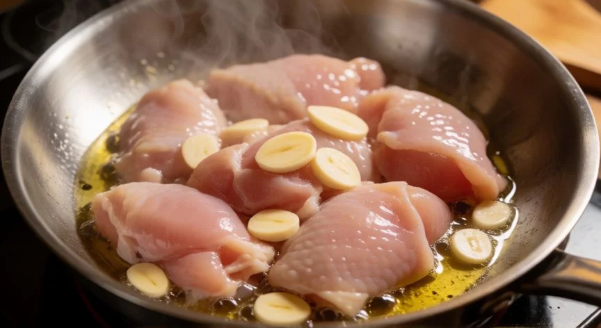 Proceso de sellado del pollo con ajos en sartén
