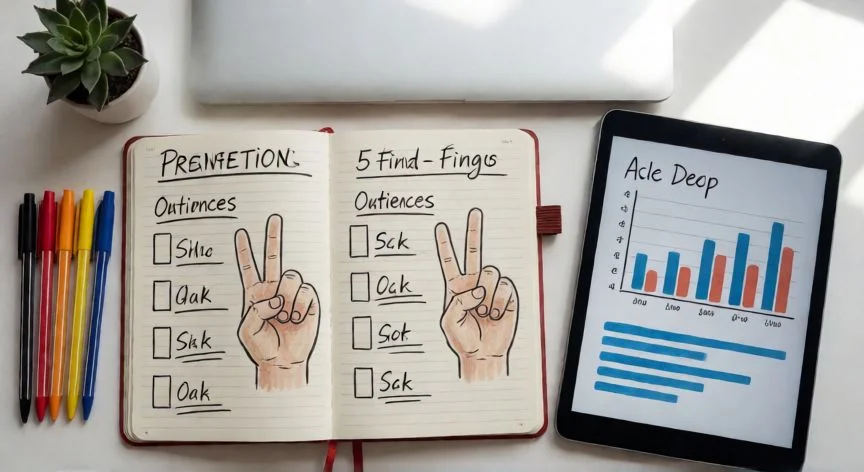 como hacer presentaciones en powerpoint, Vista cenital de un escritorio organizado con apuntes de presentación, tablet con diapositivas y material de oficina