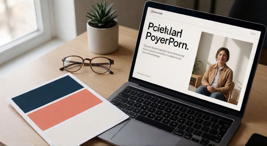como hacer presentaciones en powerpoint bonitas, Mesa de trabajo con portátil mostrando una diapositiva minimalista de PowerPoint y muestrario de colores