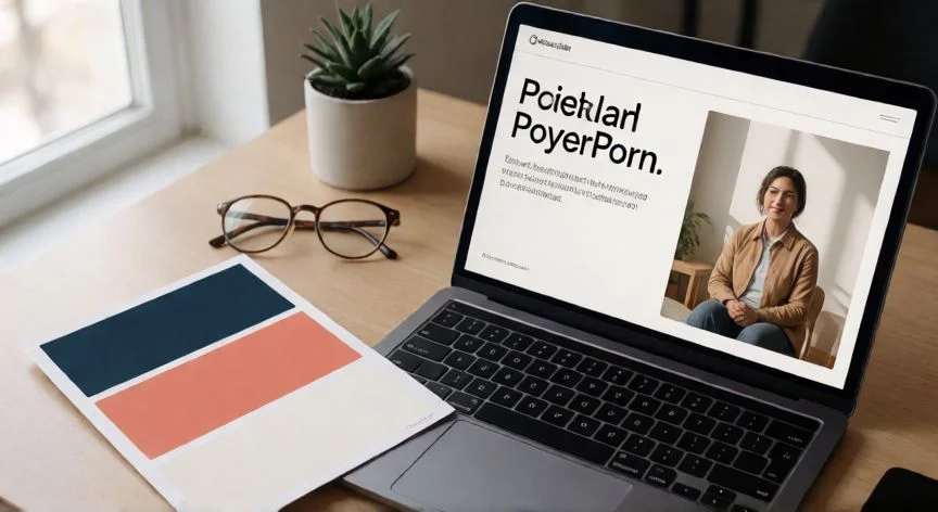 Mesa de trabajo con portátil mostrando una diapositiva minimalista de PowerPoint y muestrario de colores