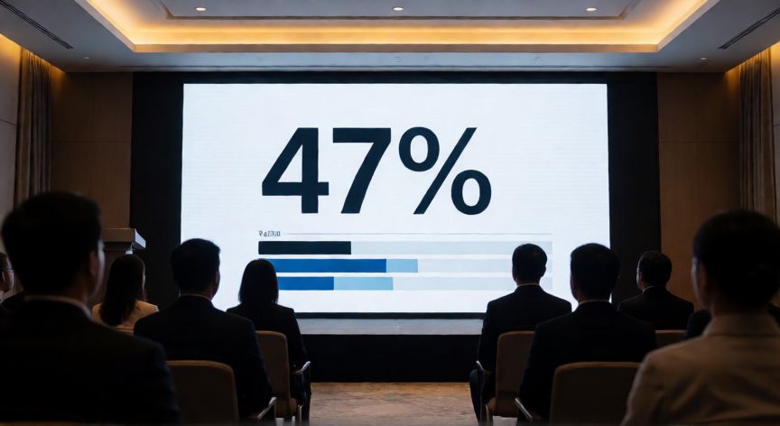 como hacer presentaciones en powerpoint bonitas, Sala de conferencias con presentación en pantalla mostrando un dato clave en grande