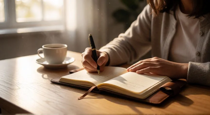 Persona escribiendo objetivos específicos en una agenda durante la mañana