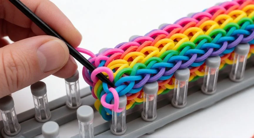 Manos de un niño tejiendo una pulsera de gomas en un telar de plástico colorido con ganchillo