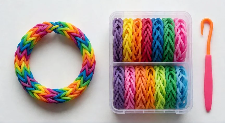 como hacer pulseras de gomas, Pulseras de gomas terminadas junto a telar, ganchillos y gomas ordenadas por colores