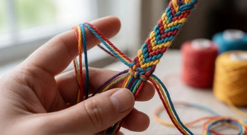 Manos tejiendo nudo plano de macramé sobre cordón encerado beige