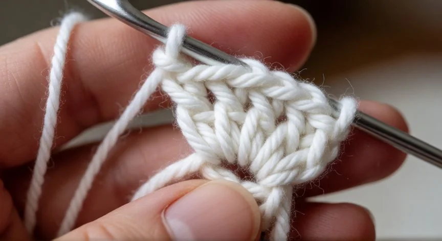 Detalle de las manos tejiendo un punto abanico con lana blanca y gancho de crochet