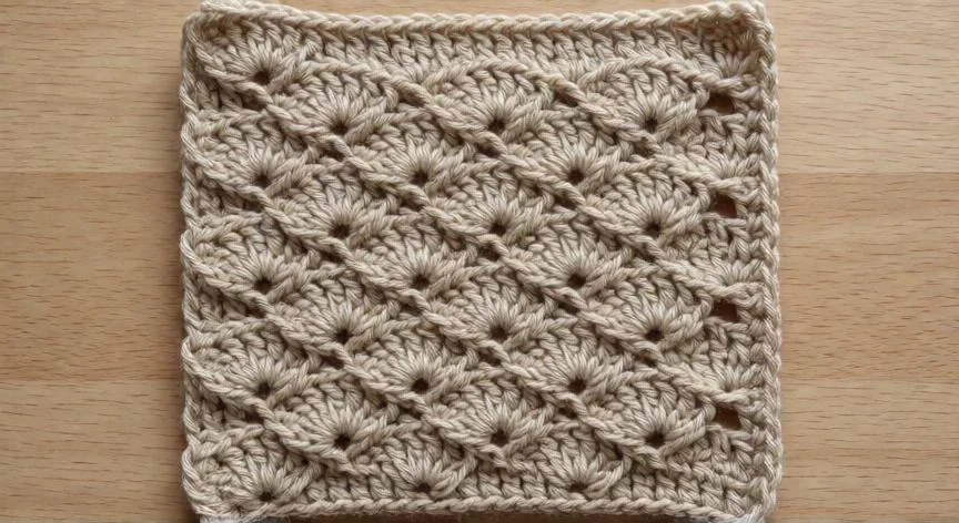 como hacer punto abanico a crochet paso a paso, Muestra terminada de punto abanico a crochet en hilo crema sobre fondo de lino