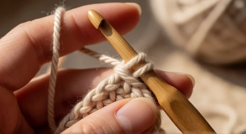 Manos tejiendo punto alto crochet con ganchillo de 7mm y lana DK coral
