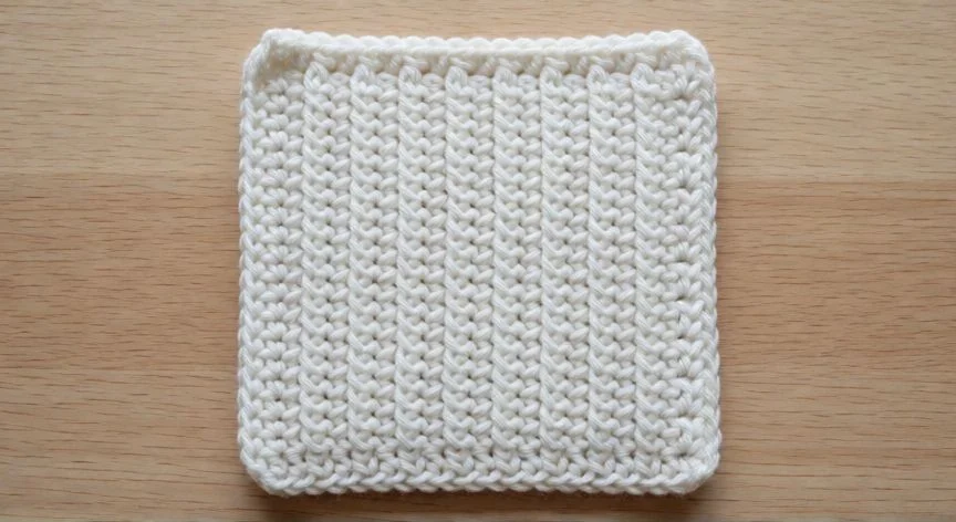 como hacer punto alto crochet, Muestra terminada de punto alto crochet en verde salvia con ganchillo y marcadores