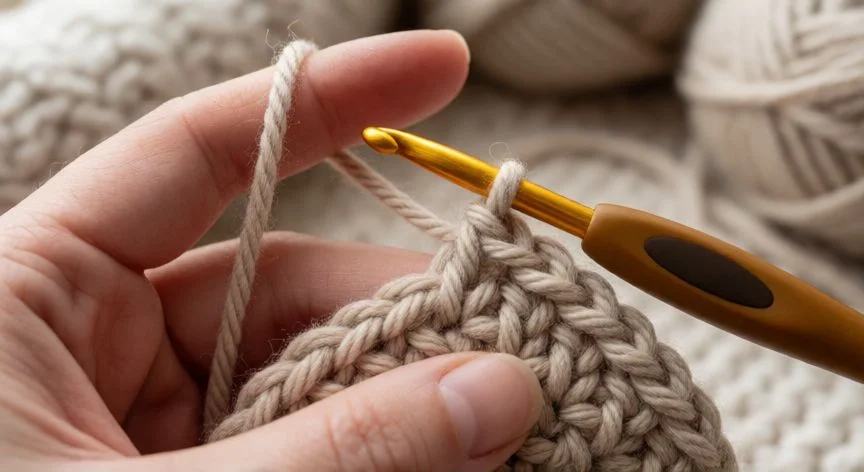 Técnica de punto alto en relieve con crochet mostrando la inserción por delante