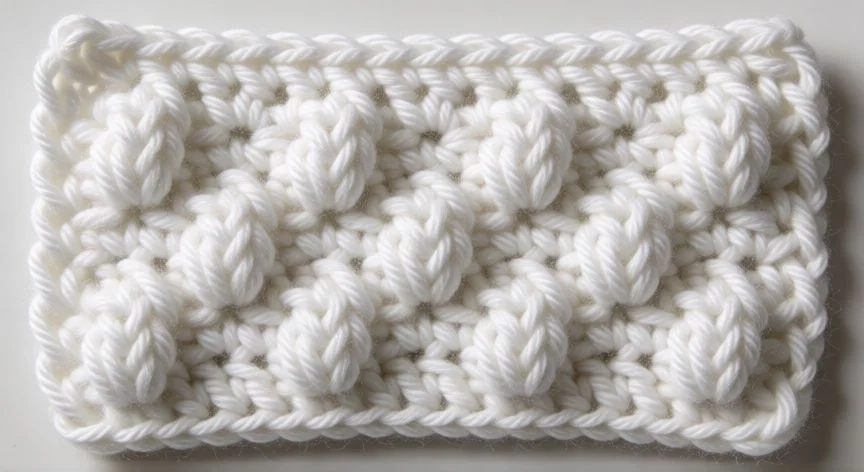 como hacer punto alto en relieve por delante, Muestra de crochet con relieve frontal y trasero en patrón canasta, hilo crema y granate
