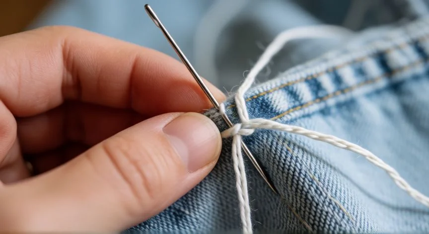Manos tejiendo punto atrás de crochet con gancho de madera sobre bufanda en progreso