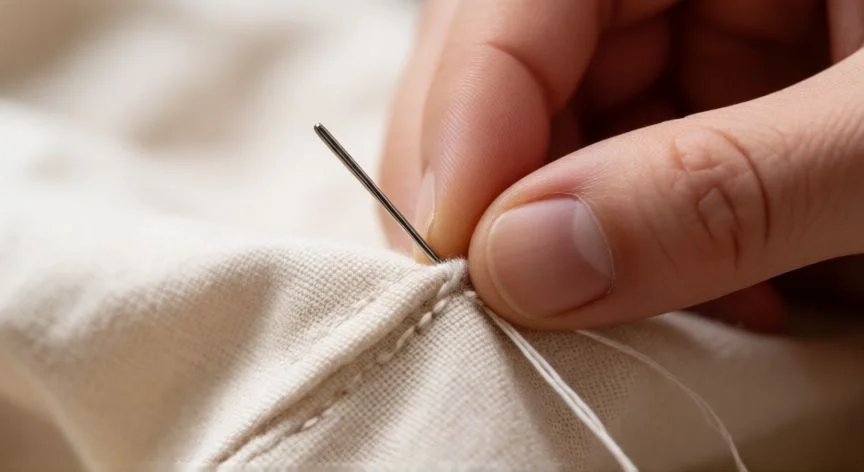 Mano cosiendo punto atrás a mano sobre tela de algodón con aguja e hilo visibles