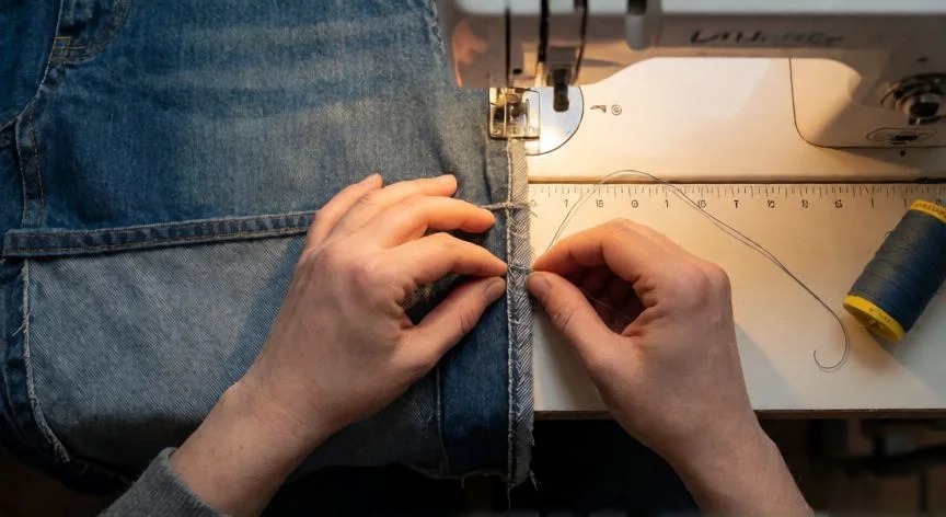 como hacer punto atras a mano, Costura de punto atrás terminada sobre dos capas de tela vaquera con acabado continuo