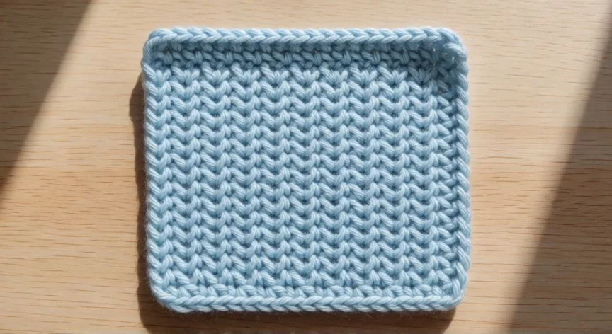 como hacer punto bajo crochet, Muestra de punto bajo crochet en tres hileras sobre mesa de lino