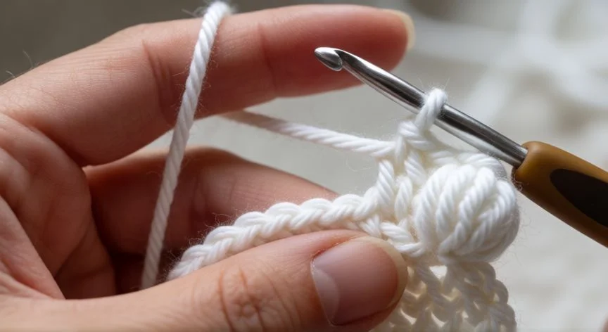 Detalle de punto bodoque en crochet con hebra crema y aguja de madera