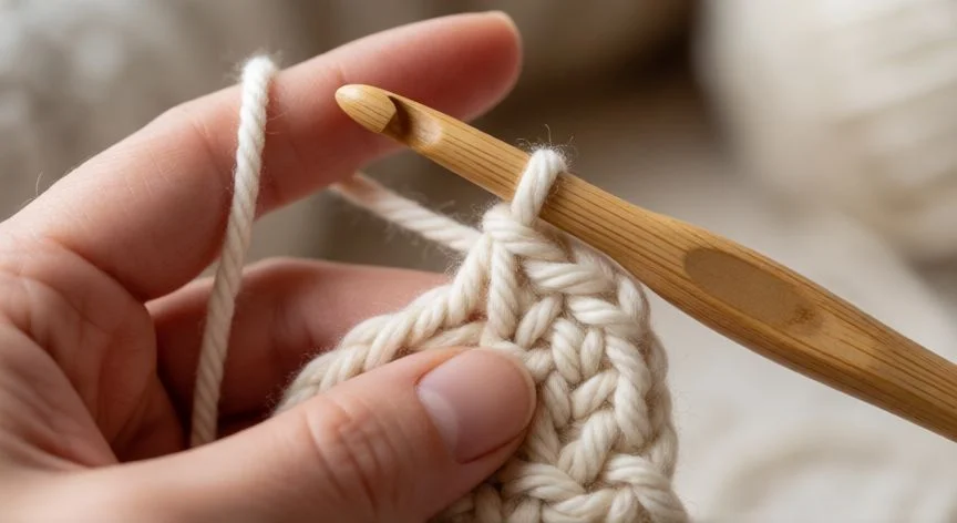 Manos tejiendo punto bucle en crochet con ganchillo de 6mm sobre lana crema
