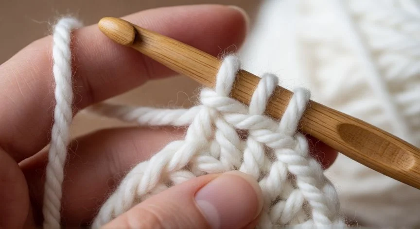 Manos tejiendo punto burbuja crochet con hilos acumulados en el gancho