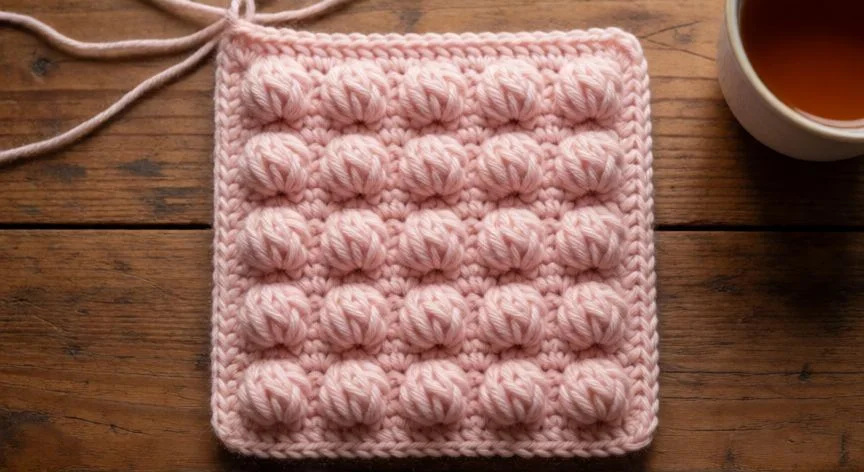 como hacer punto burbuja crochet, Muestra de punto burbuja crochet en hilo verde con patrón zigzag terminado